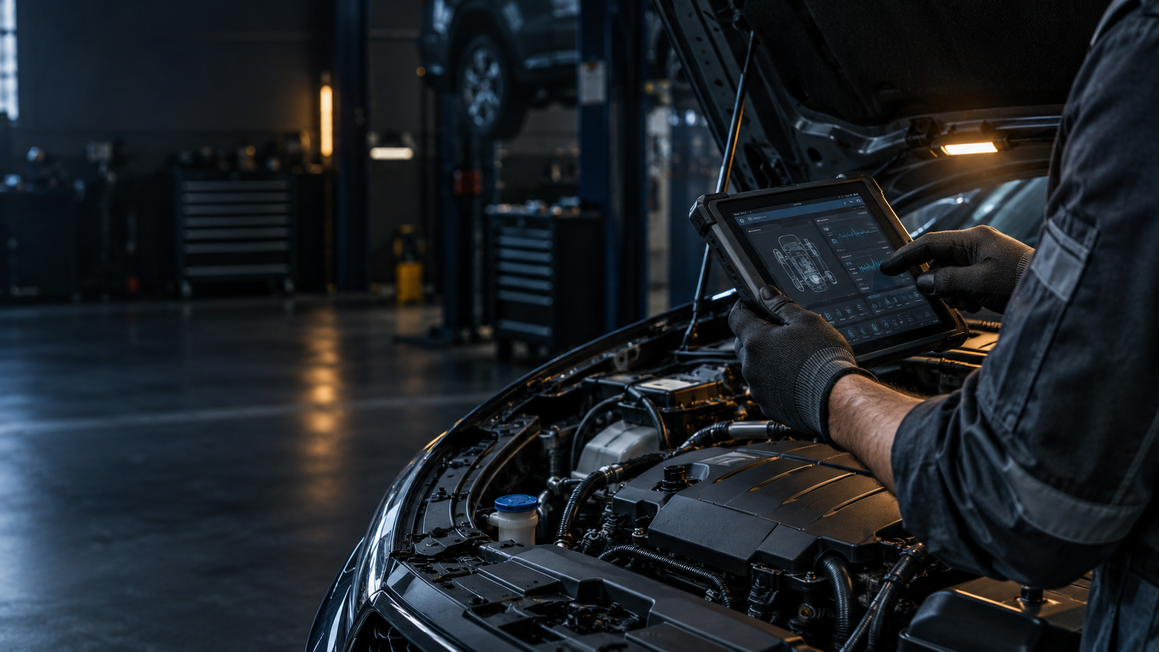 Technician using a diagnostic tablet beside an open engine bay